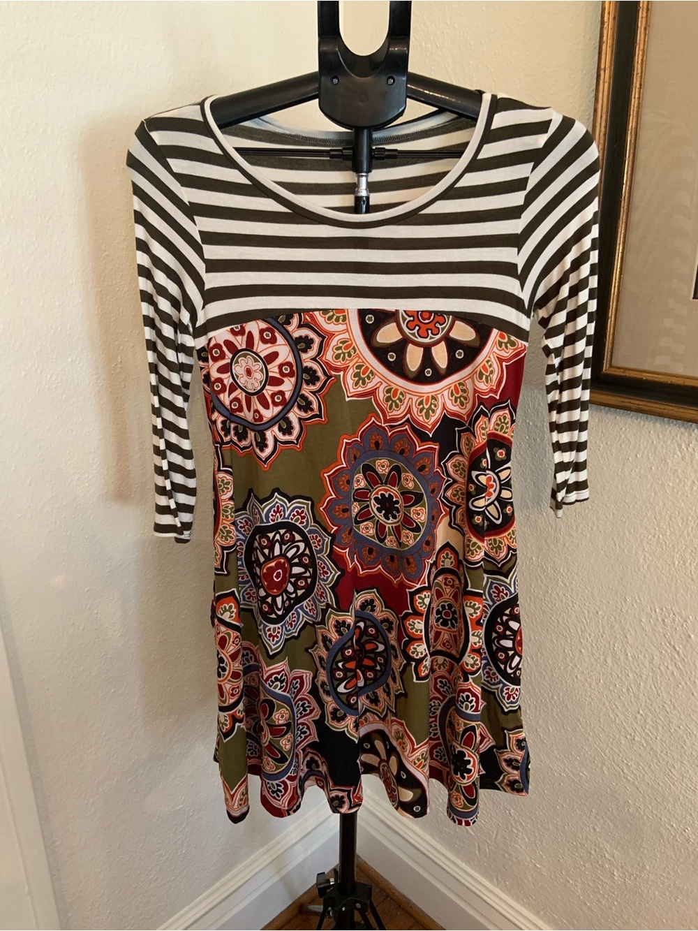 Striped Olive Floral Medallion Women's Tunic Top
